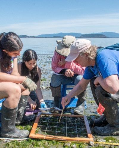 Salish Sea School students learn about intertidal monitoring. (Brian Hanser, Dunraven Photo).